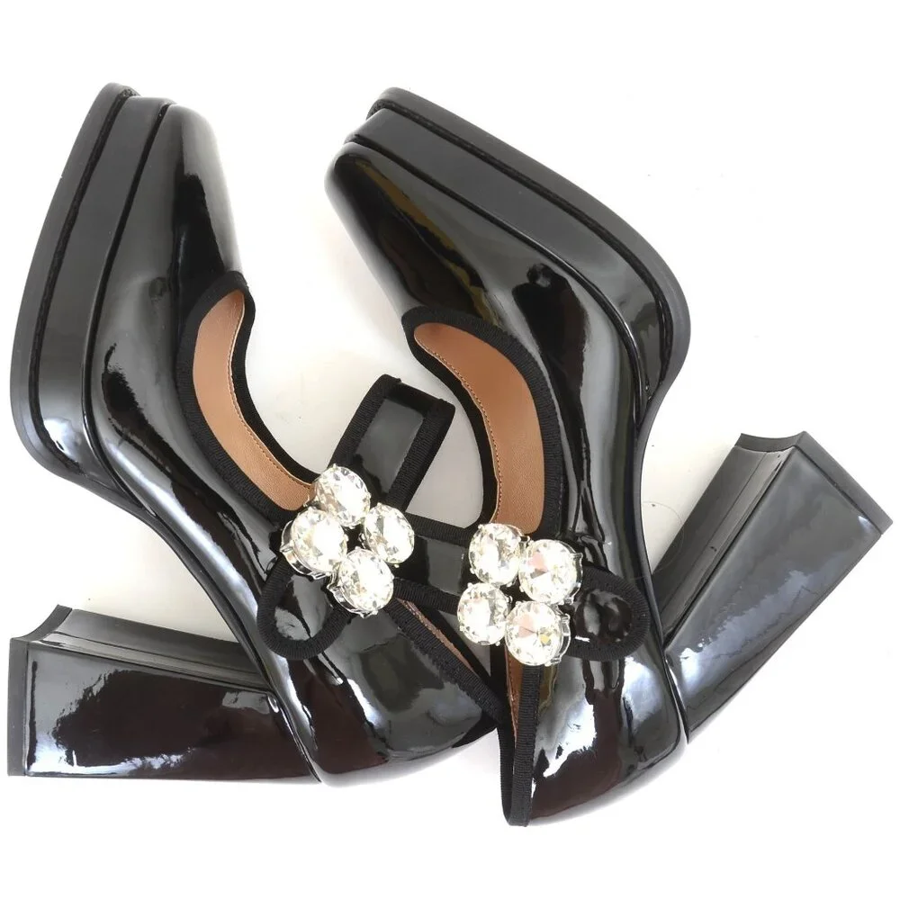Bling! Mary Jane Black Patent Faux Leather Platform High Heel Shoes Goth Fairy